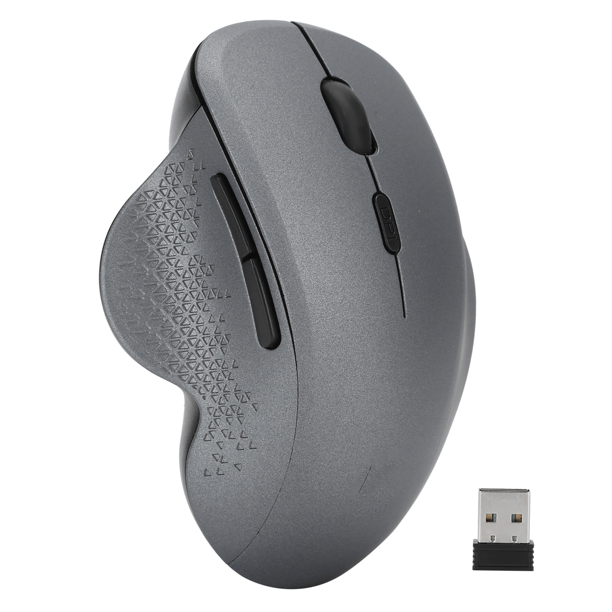 Graue ergonomische Maus mit schwarzem Scrollrad und Tasten, mit USB-Empfänger. Weißer Hintergrund.