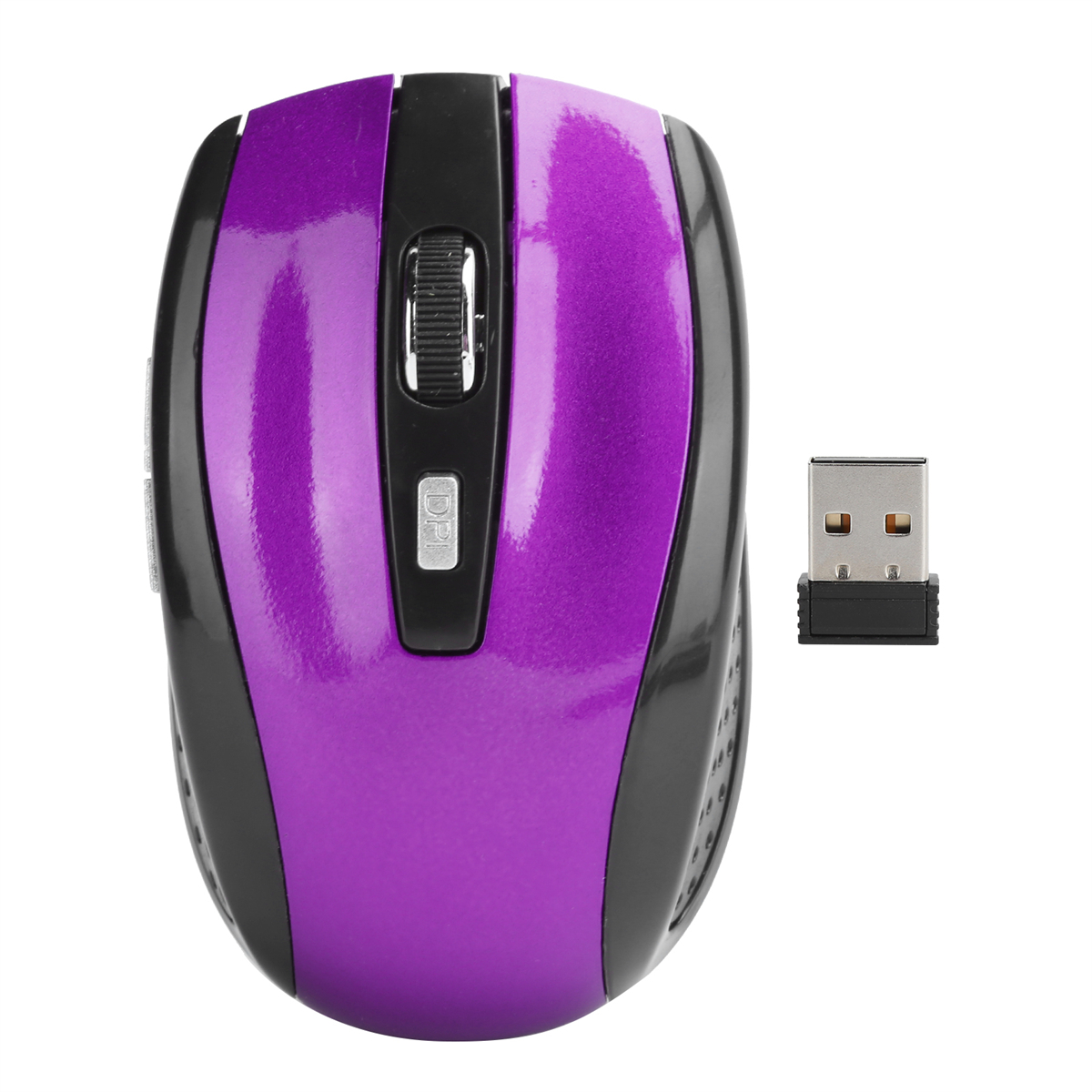 Drahtlose Maus in Lila und Schwarz mit USB-Empfänger auf weißem Grund.