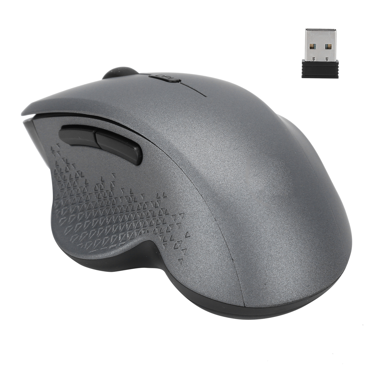 Graue ergonomische Maus mit Seitentasten und USB-Empfänger. Auf weißem Hintergrund isoliert.