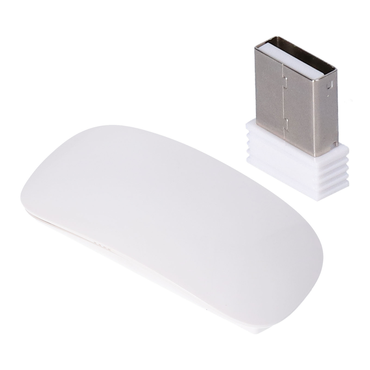 Weiße Computermaus und ein USB-Empfänger.