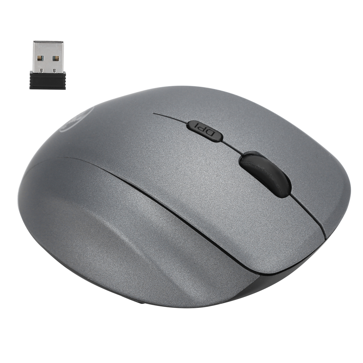 Graue kabellose Maus mit schwarzem Scrollrad und DPI-Taste. USB-Empfänger in der Ecke.