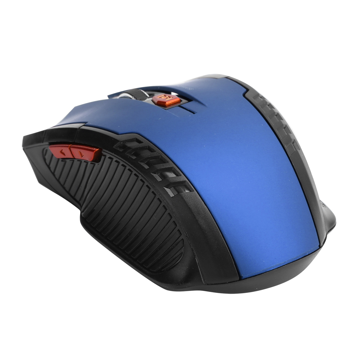 Blaue, ergonomische, kabellose Maus mit schwarzen Seitengriffen, roten Tasten und einem orangefarbenen Scrollrad.