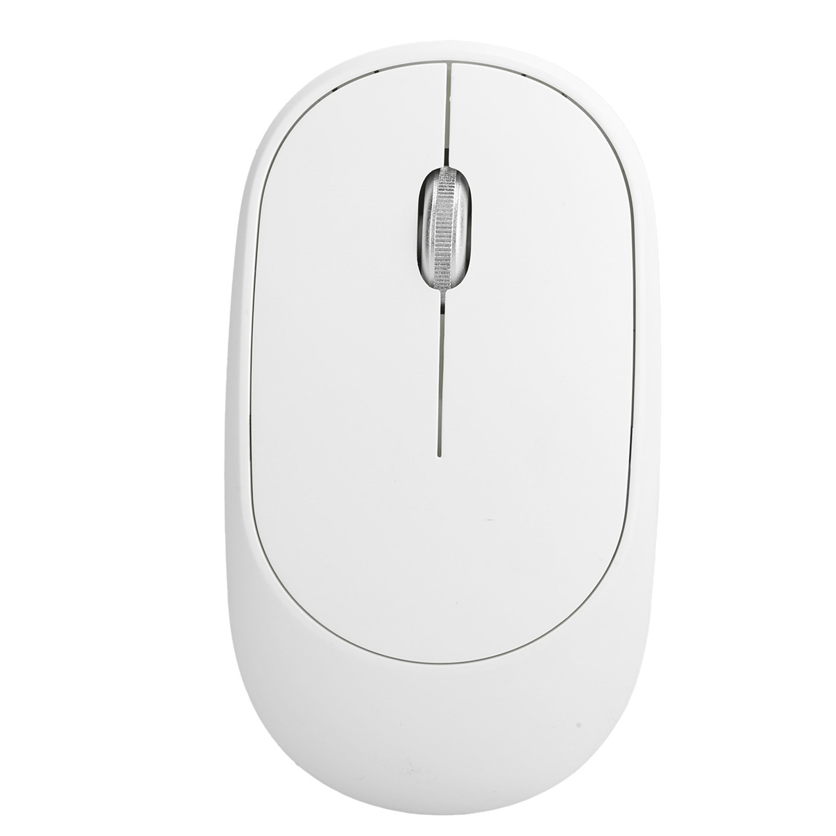 Weiße kabellose Maus. Die Maus ist oval mit einem Scrollrad und einer Taste oben. Silberne Akzente.