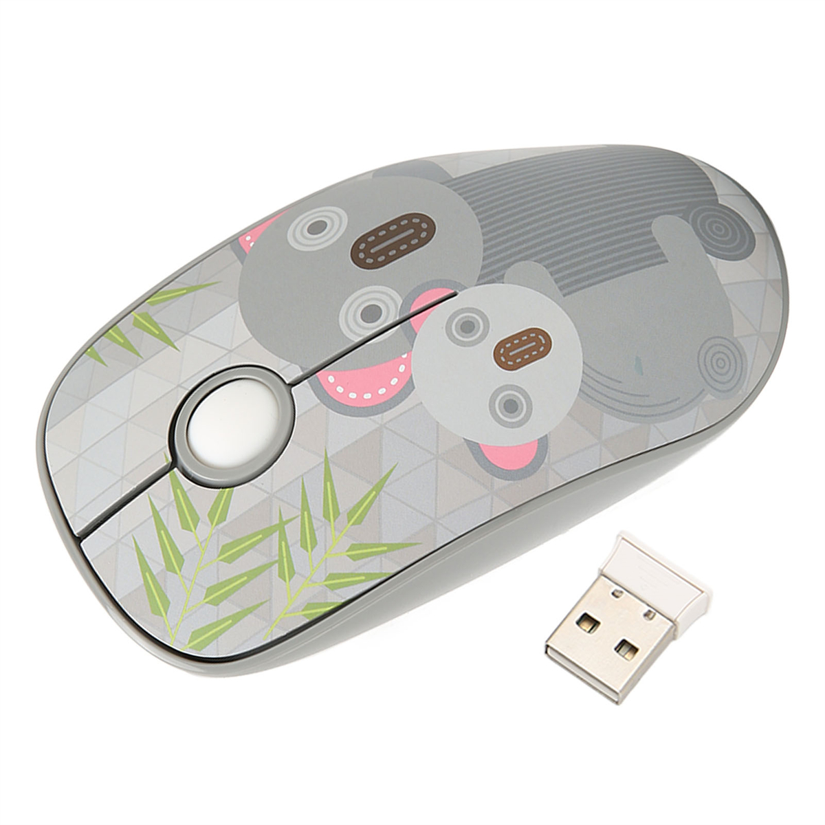 Graue Maus mit Koala-Design und USB-Empfänger.