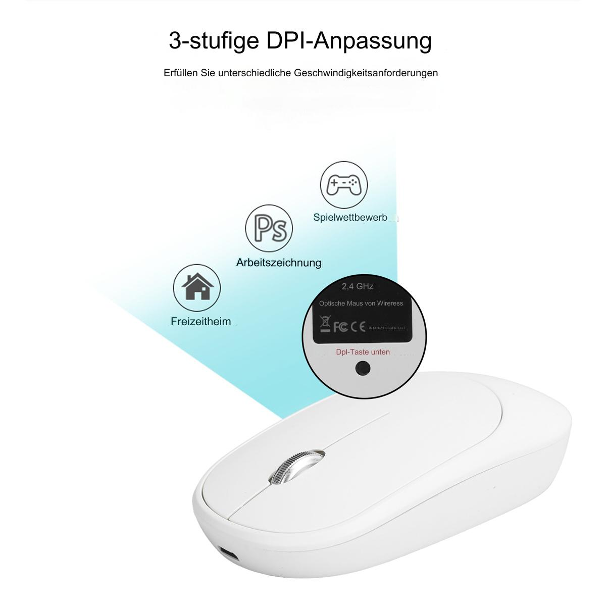 Weiße Computermaus. Text zeigt 3-stufige DPI-Anpassung und Funktionen für Gaming und Freizeit.