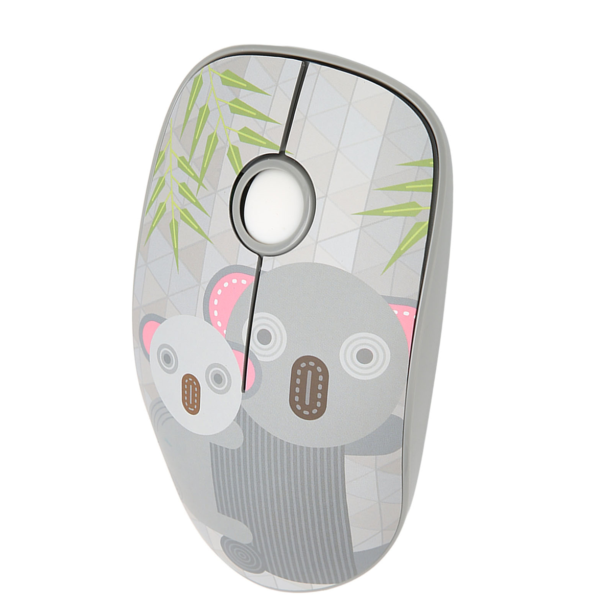 Graue Computermaus mit Koala-Design. Enthält einen Koala und ein Baby-Koala auf weißem Hintergrund.