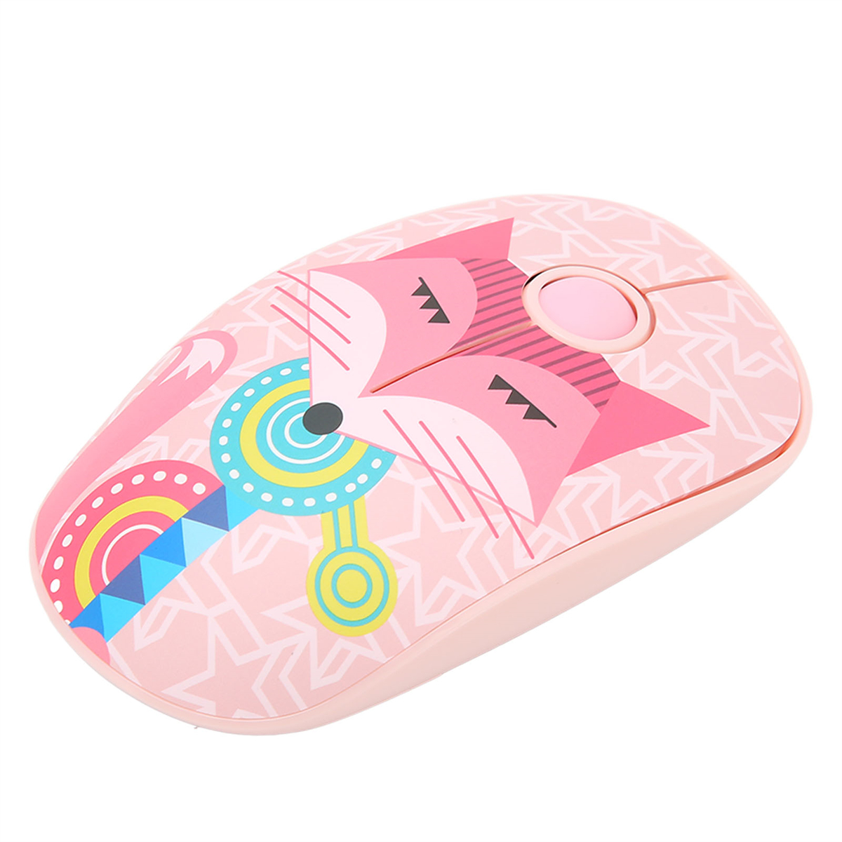 Drahtlose rosa Maus mit Cartoon-Fuchs-Design; die Maus hat ein Scrollrad und Tasten.