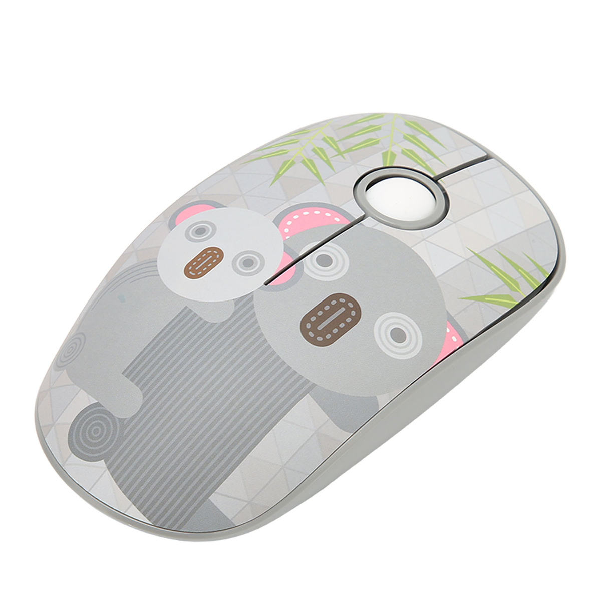 Graue Computermaus mit Koala-Bär-Grafik auf weißer Oberfläche.
