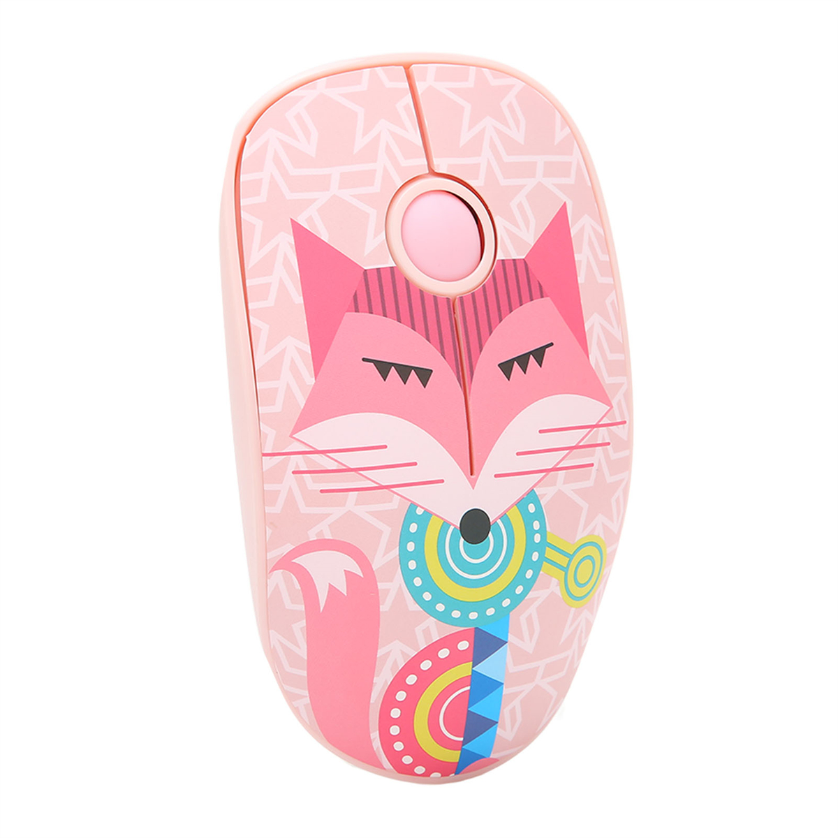 Eine rosa kabellose Maus mit einem Cartoon-Fuchs-Design auf weißem Hintergrund.