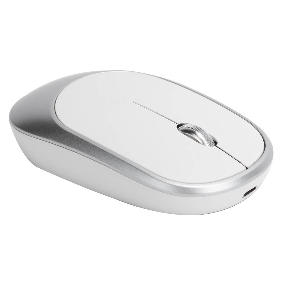 Silber-weiße drahtlose Maus, einfaches Design, mit einem Scrollrad.