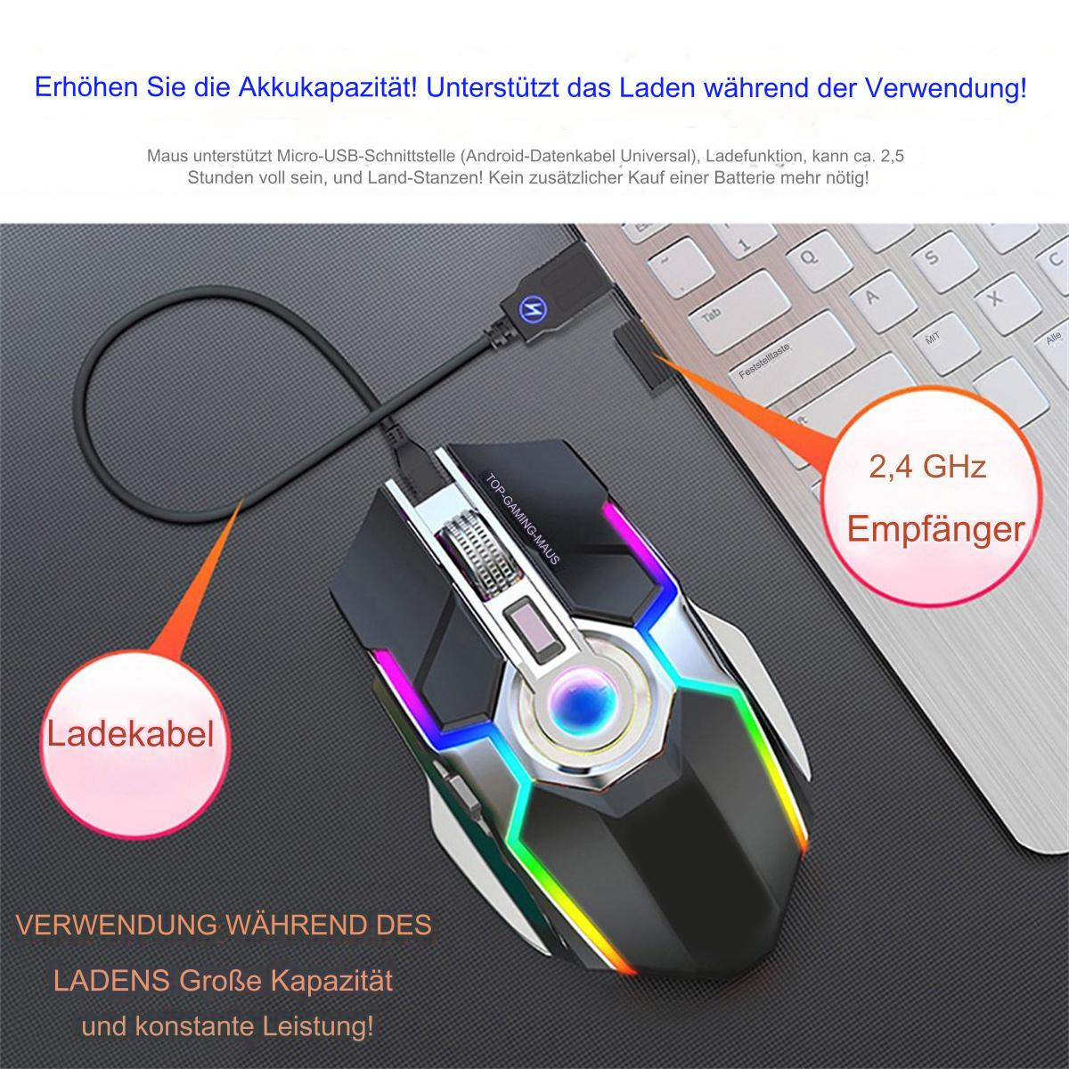 Gaming-Maus, verbunden mit Laptop. Text beschreibt Aufladen und 2,4 GHz Empfänger.