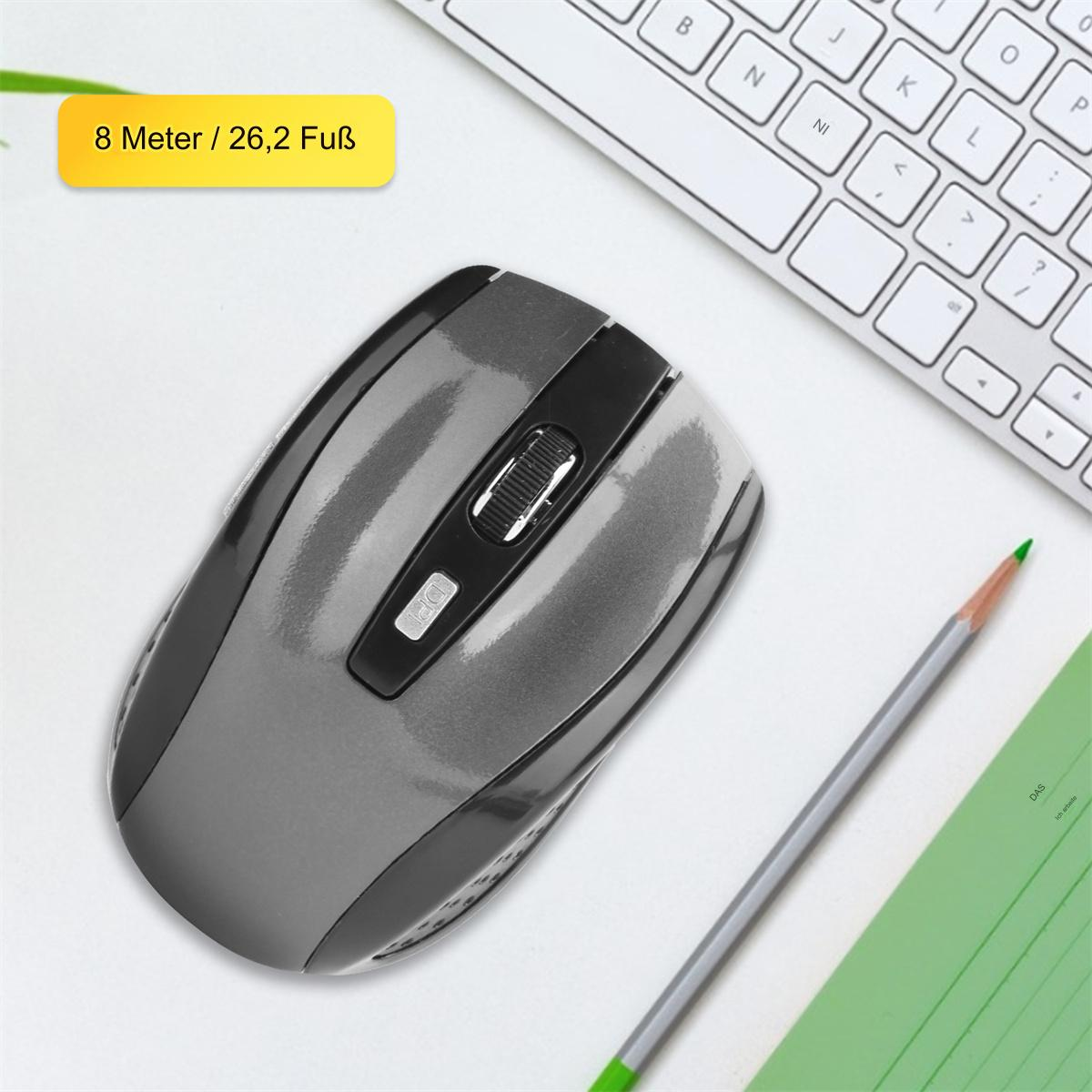 Graue Maus, Bleistift und Tastatur auf weißer Oberfläche, mit Text zur Reichweite.