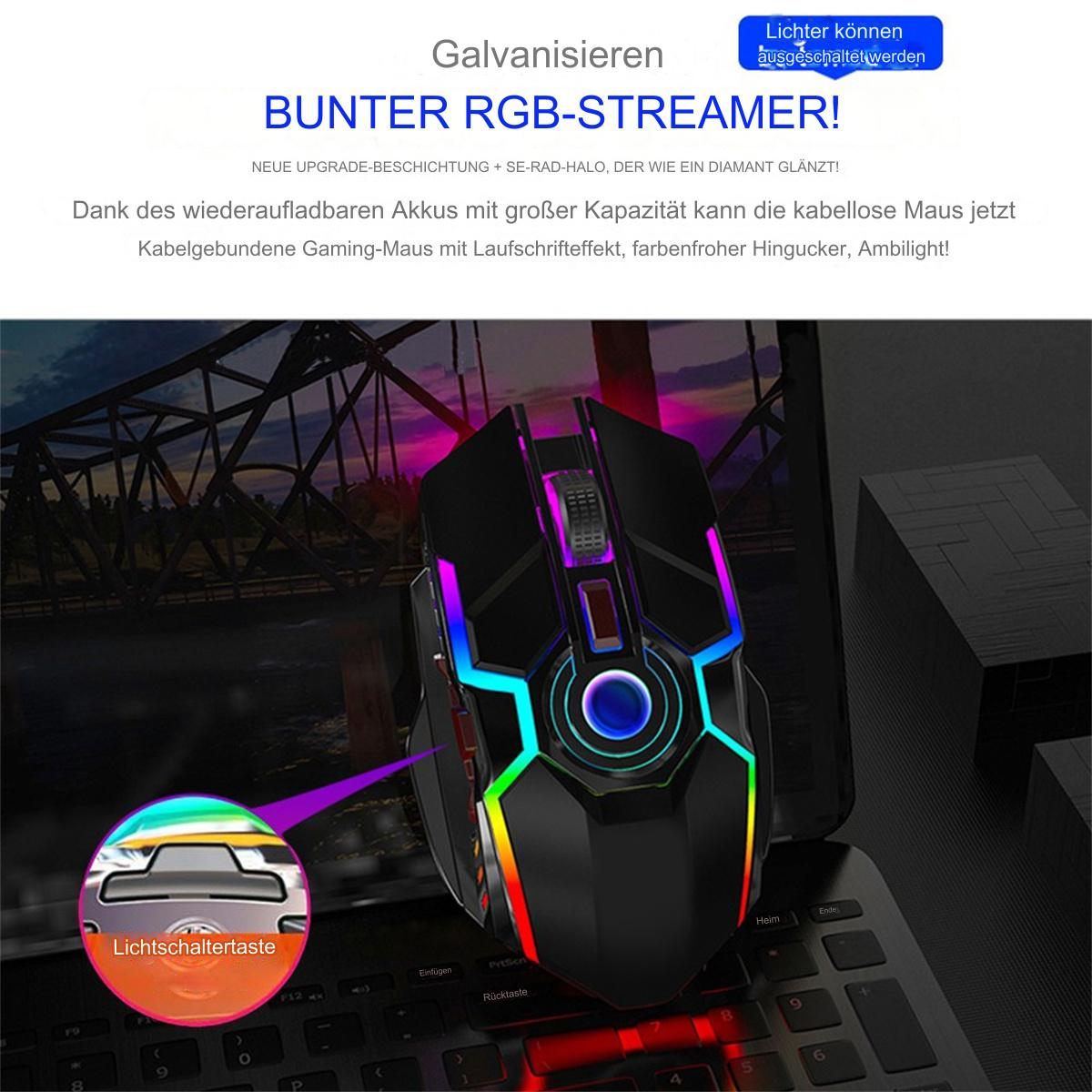 Gaming-Maus mit RGB-Lichtern auf einer Laptop-Tastatur. Lichtschalter-Taste hervorgehoben, farbenfroh.