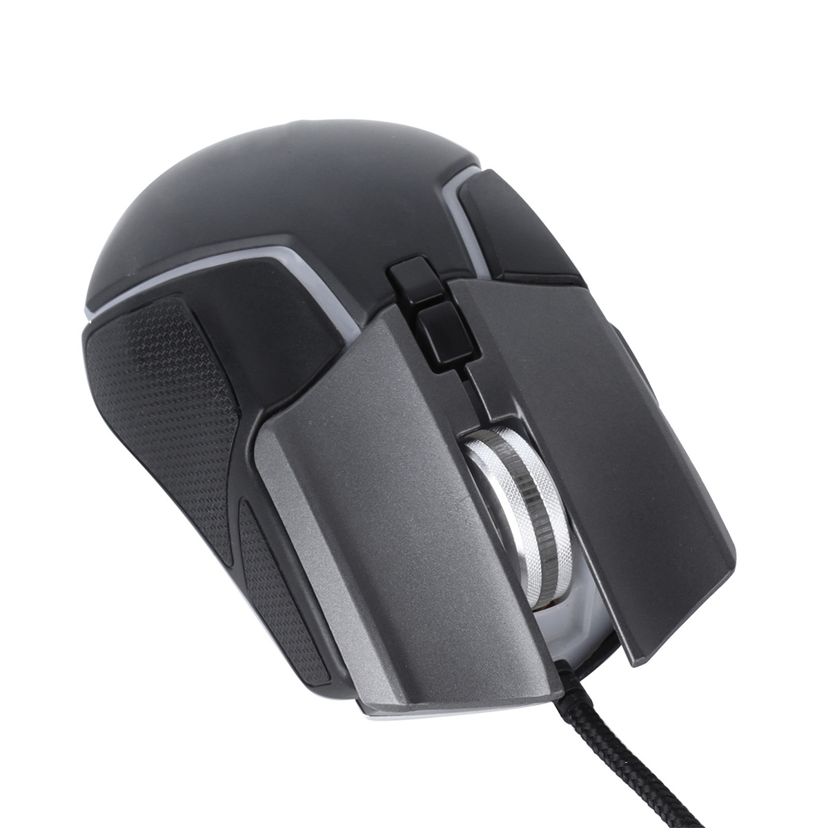 Dunkelgraue Gaming-Maus mit strukturierter Oberfläche und Scrollrad.