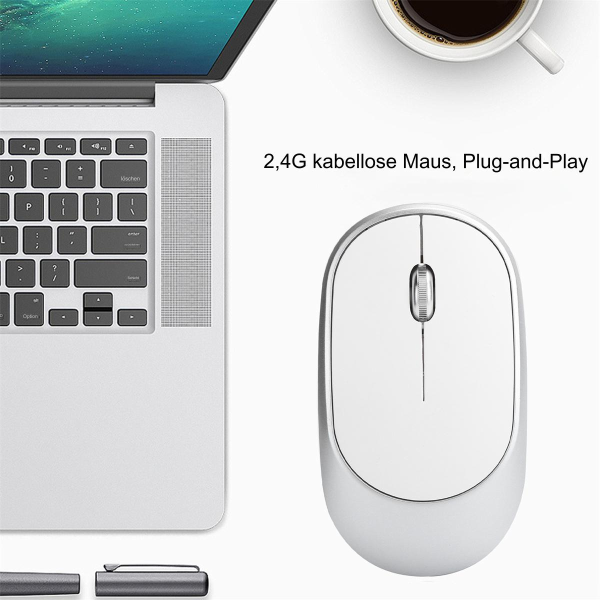 Eine weiße Maus neben einem Laptop und einer Kaffeetasse. Text: 2,4G kabellose Maus.