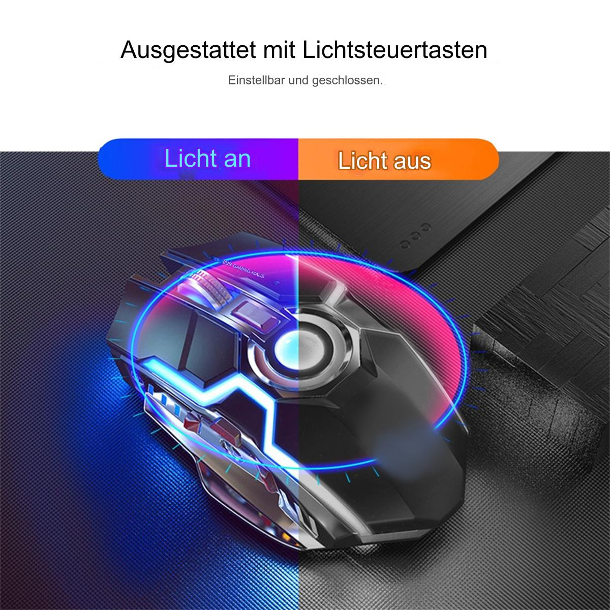 Schwarze Gaming-Maus mit blauen und roten Lichteffekten.