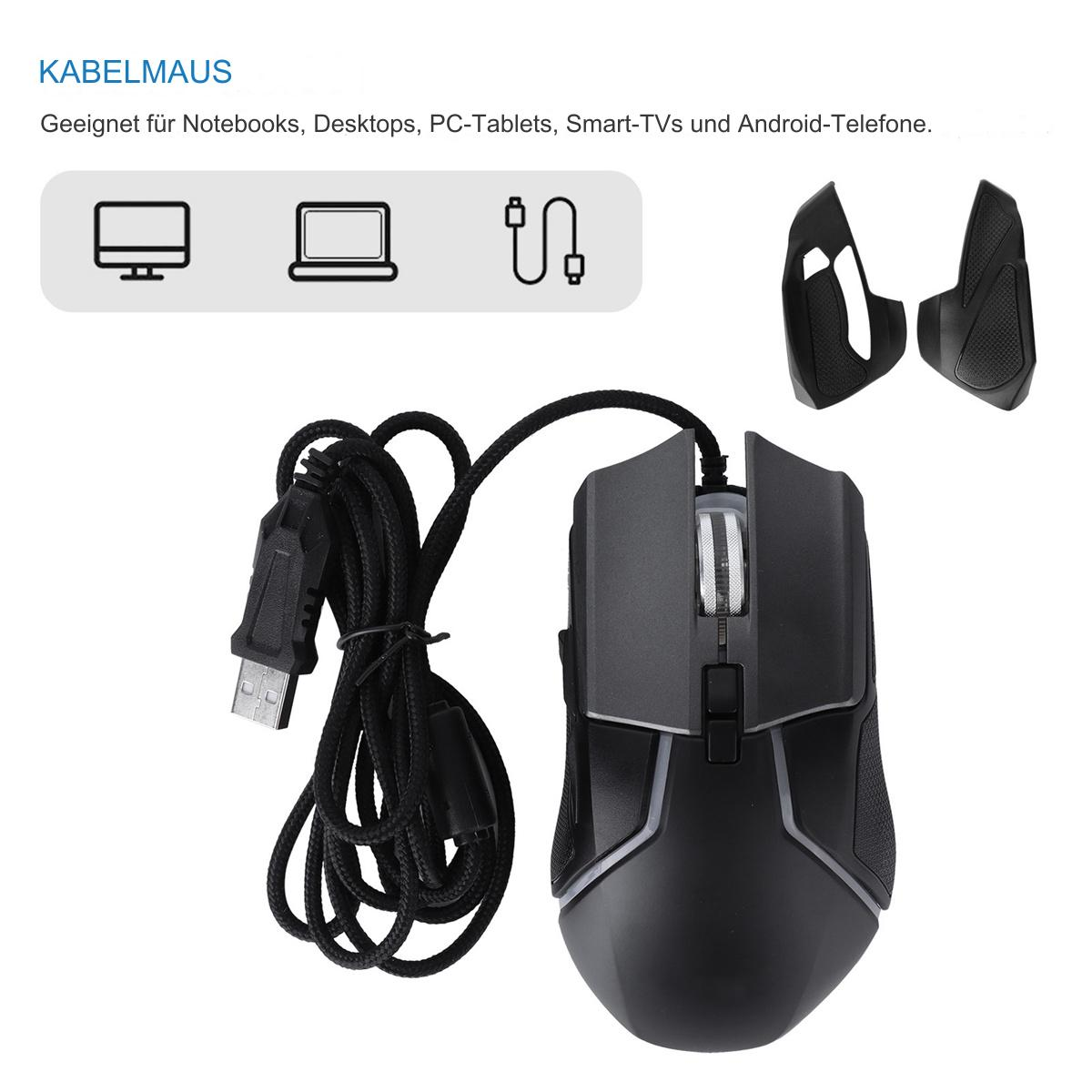 Eine schwarze kabelgebundene Maus mit abnehmbaren Teilen und USB-Kabel, geeignet für Laptops und Desktops.