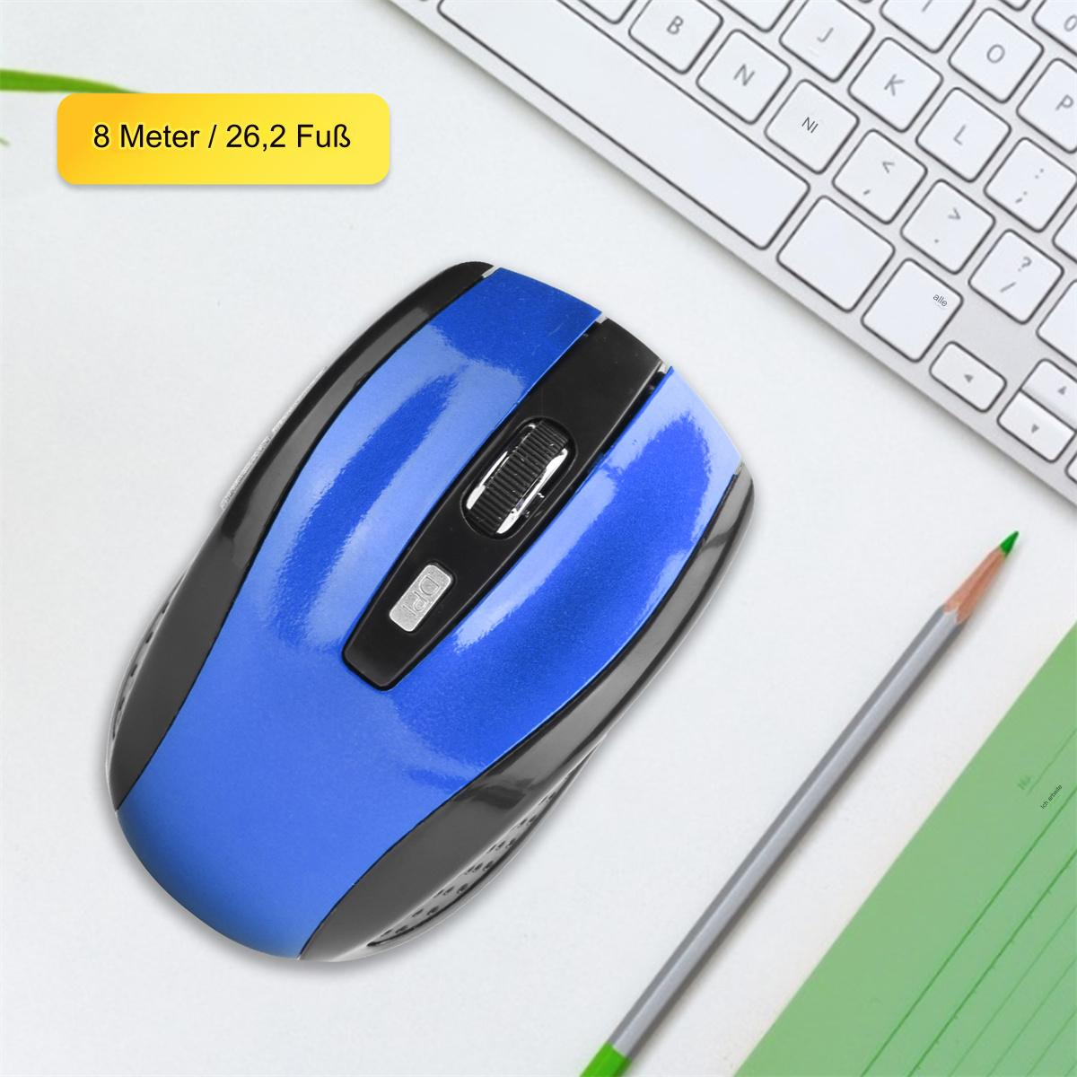 Blaue und schwarze kabellose Maus, Bleistift und Tastatur auf weißer Oberfläche.