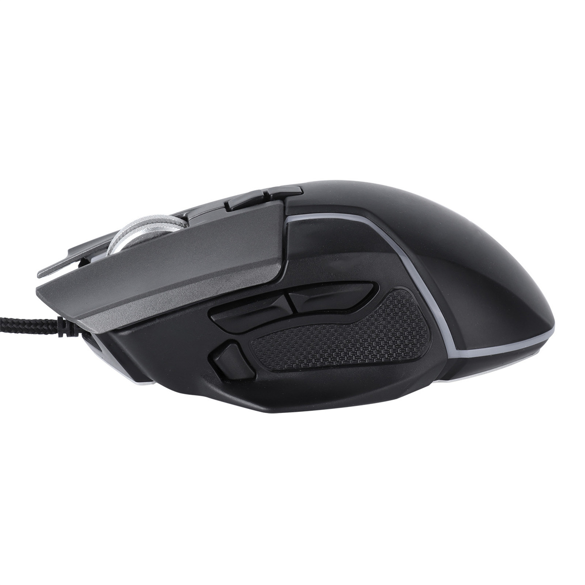 Schwarze Gaming-Maus, Seitenansicht, mit Tasten und Kabel.