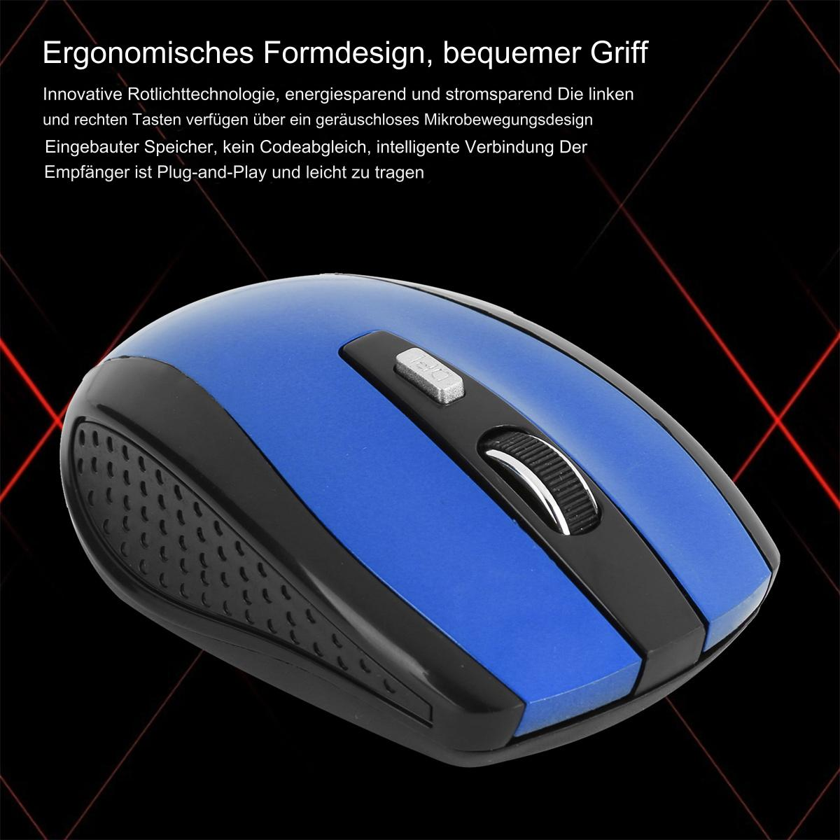 Blaue und schwarze Maus mit Scrollrad und Seitentasten. Schwarzer Hintergrund.