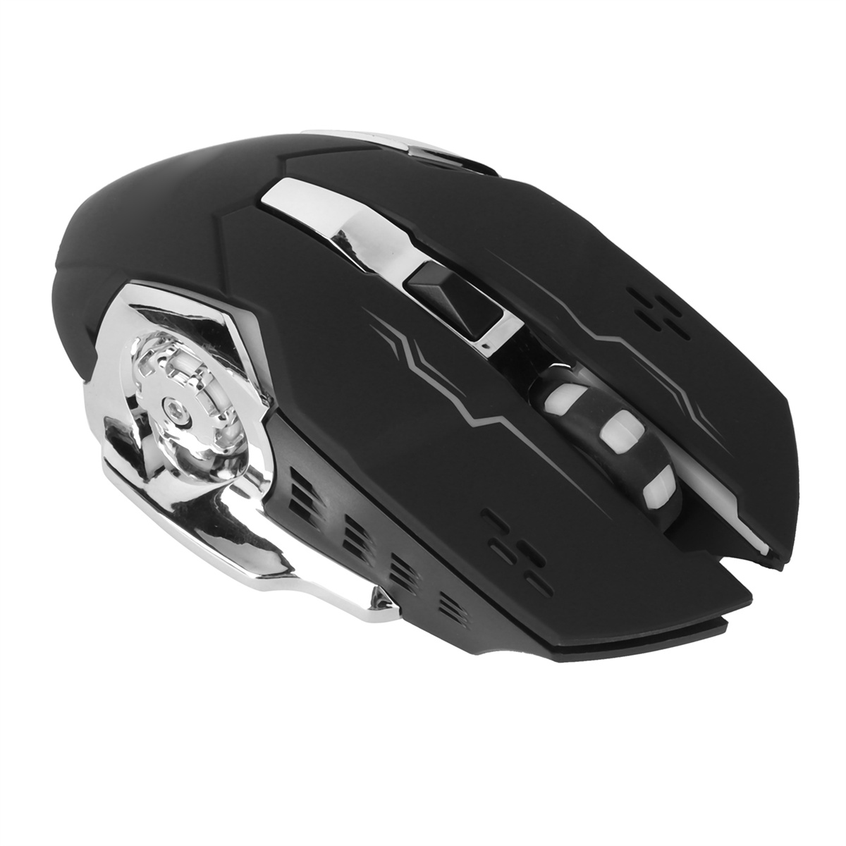 Schwarze Gaming-Maus mit silbernen Akzenten. Sie hat ein Scrollrad und Tasten, mit futuristischem Design.
