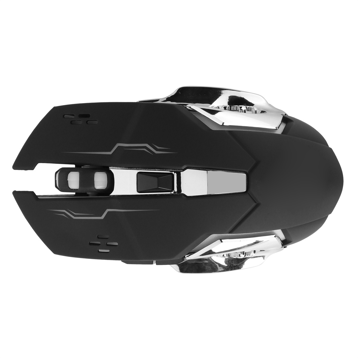 Schwarze und silberne Gaming-Maus. Sie hat ein einzigartiges Design mit mehreren Tasten.