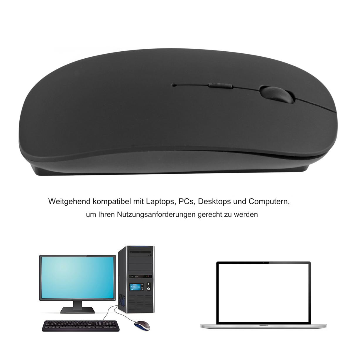Schwarze Computermaus auf weißem Hintergrund, mit Beispielen für Computer, PC und Laptop. Text beschreibt Kompatibilität.