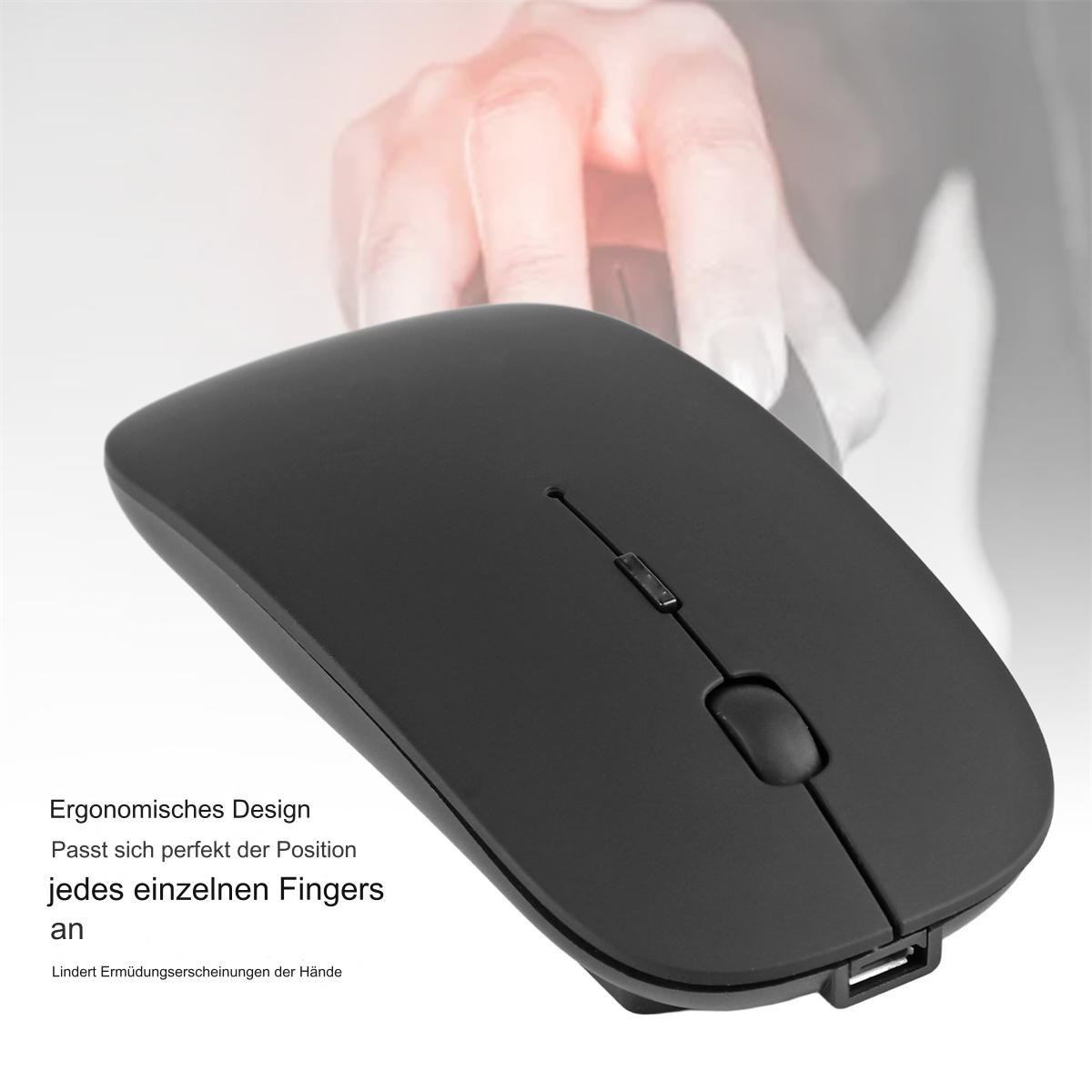 Schwarze drahtlose Maus mit minimalistischem Design. Der Text ist auf Deutsch. Verschwommene Hand im Hintergrund.