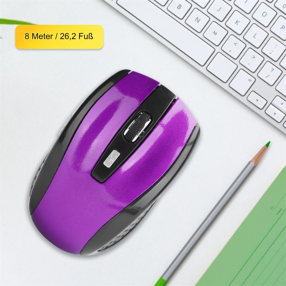Lila und schwarze drahtlose Maus auf einem weißen Schreibtisch. Bleistift und Tastatur im Hintergrund. Text: 8 Meter / 26,2 Fuß.