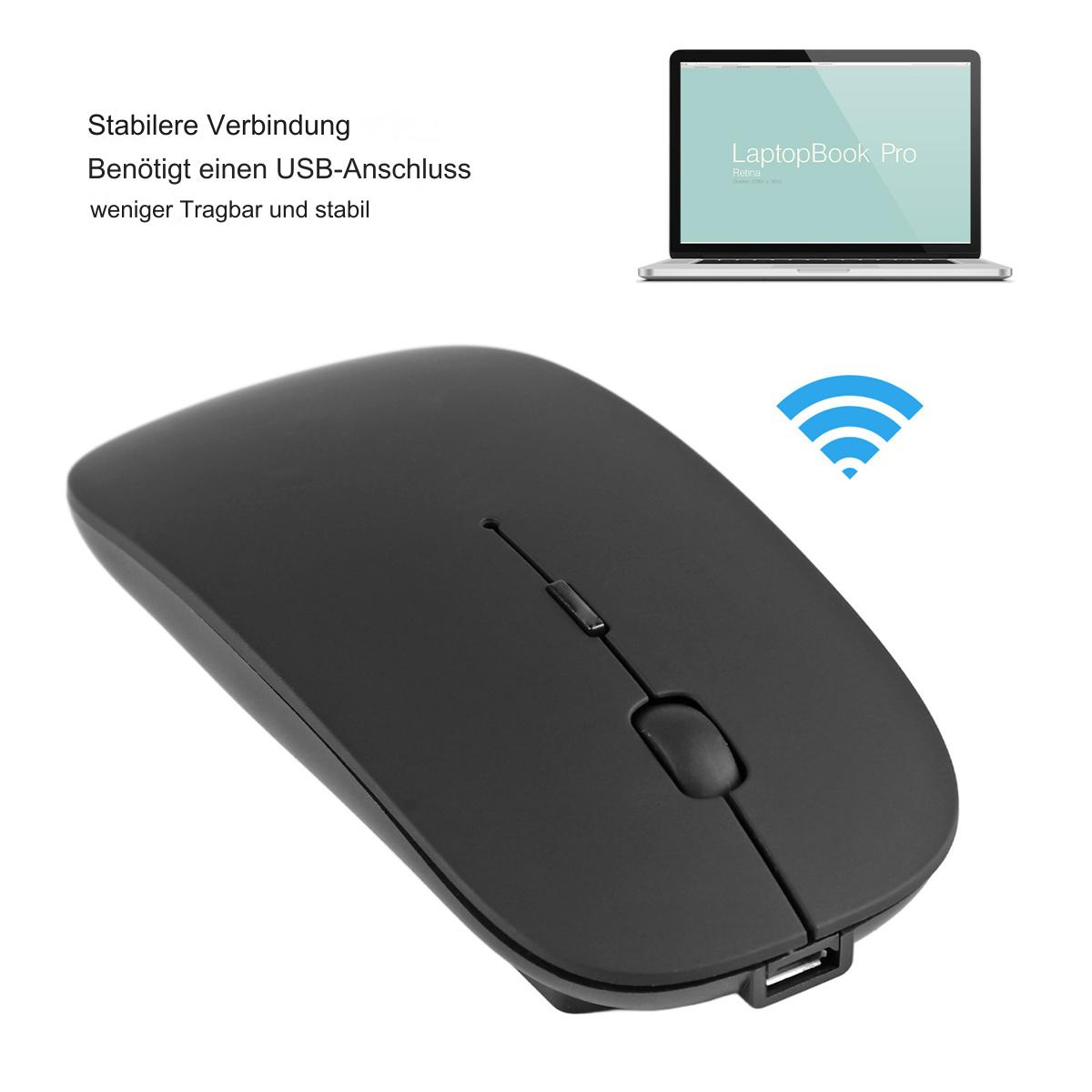 Schwarze kabellose Maus mit Scrollrad und USB-Anschluss, mit deutschem Text.
