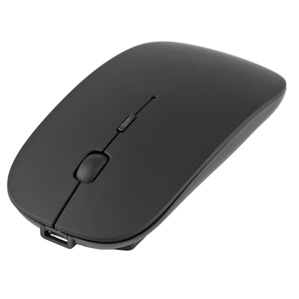 Schwarze drahtlose Computermaus auf weißem Hintergrund. Sie hat ein Scrollrad und Tasten.