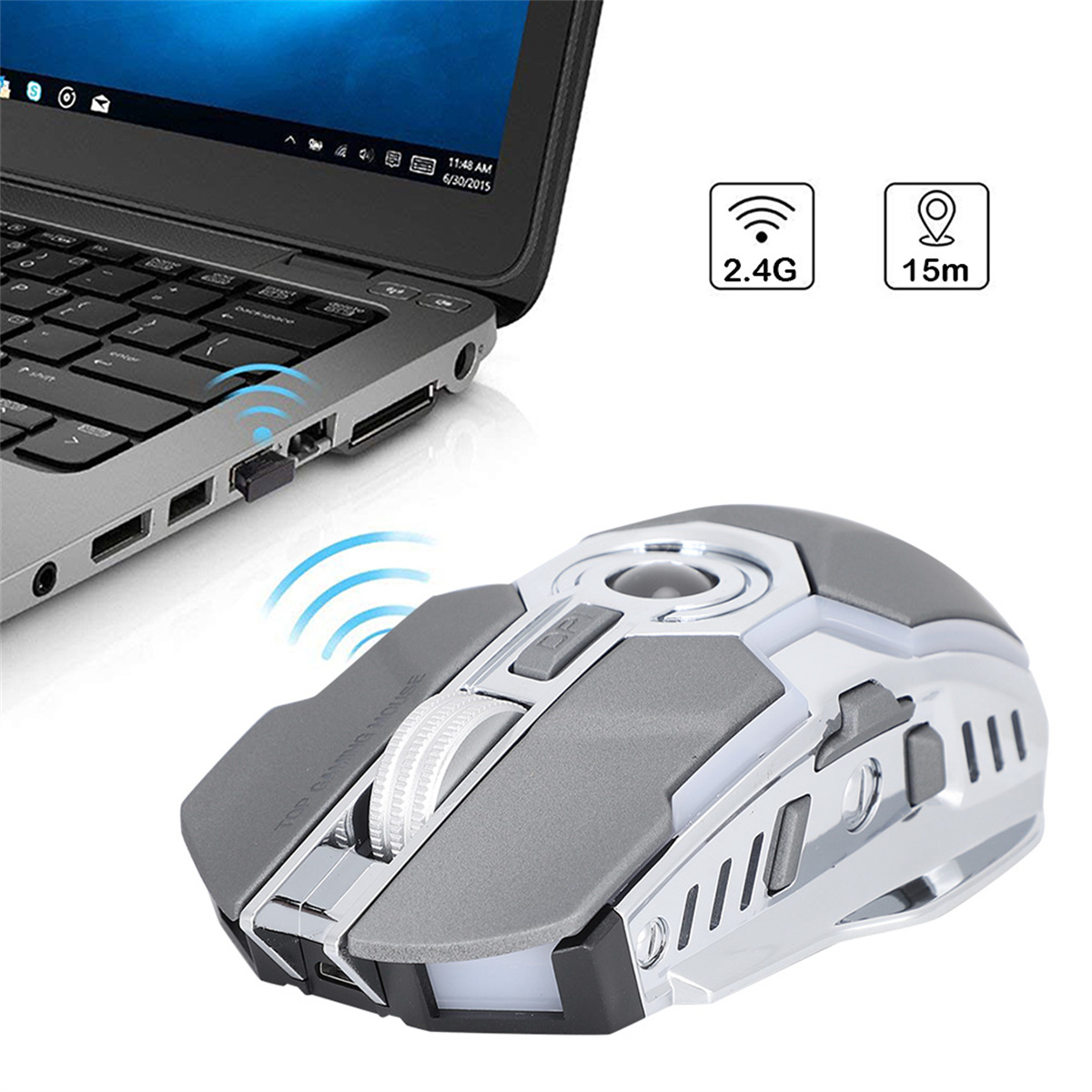 Eine graue und silberne Gaming-Maus mit einem Laptop und Symbolen für drahtlose Konnektivität.