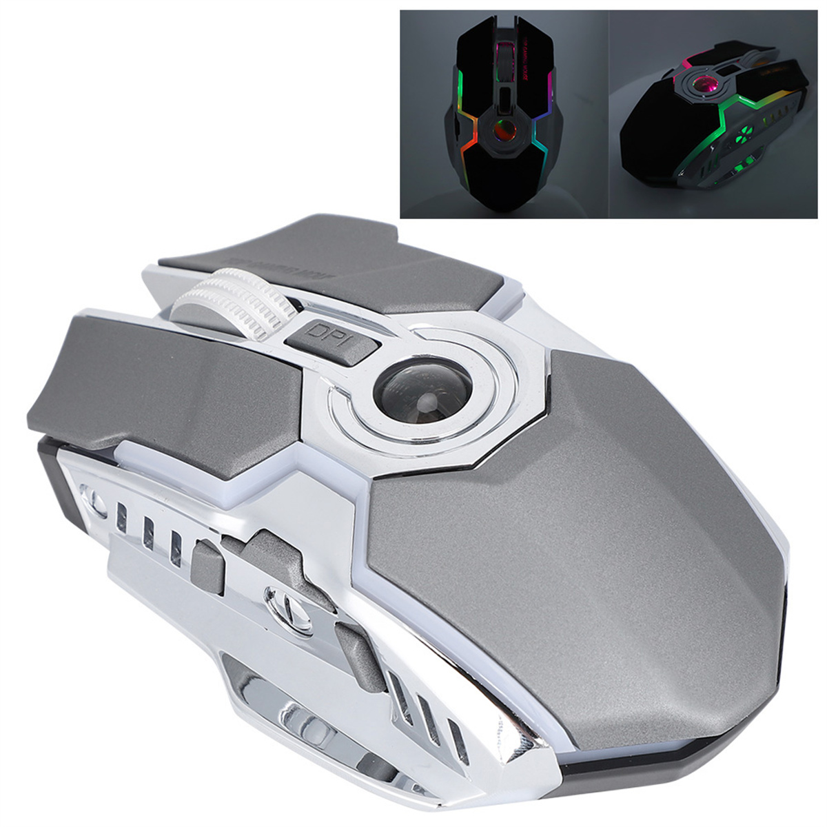 Gaming-Maus. Grau und Silber. Oberseite hat ein Scrollrad und DPI-Taste. RGB-Lichter.