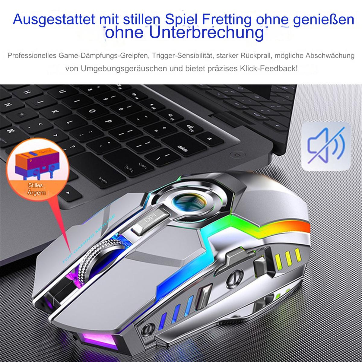 Silberne Gaming-Maus mit bunten Lichtern und Tasten in der Nähe einer Laptop-Tastatur. Maus hat ein Design.