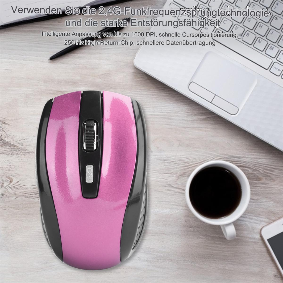 Rosa-schwarze kabellose Maus auf einem Holztisch, mit Kaffee und Telefon.