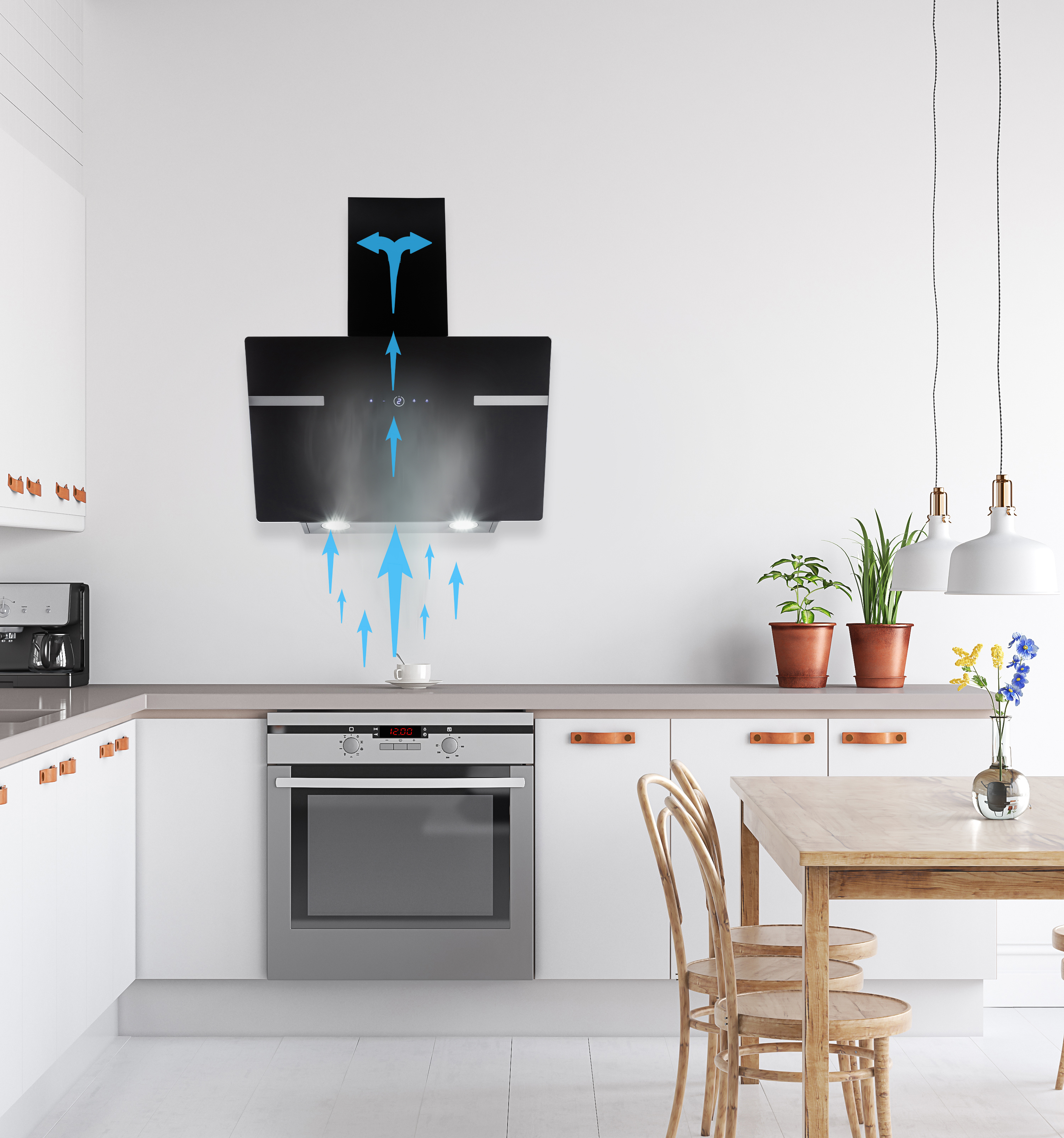 Moderne Küche mit weißen Schränken, einer Dunstabzugshaube mit blauen Pfeilen und einem Tisch mit Stühlen.