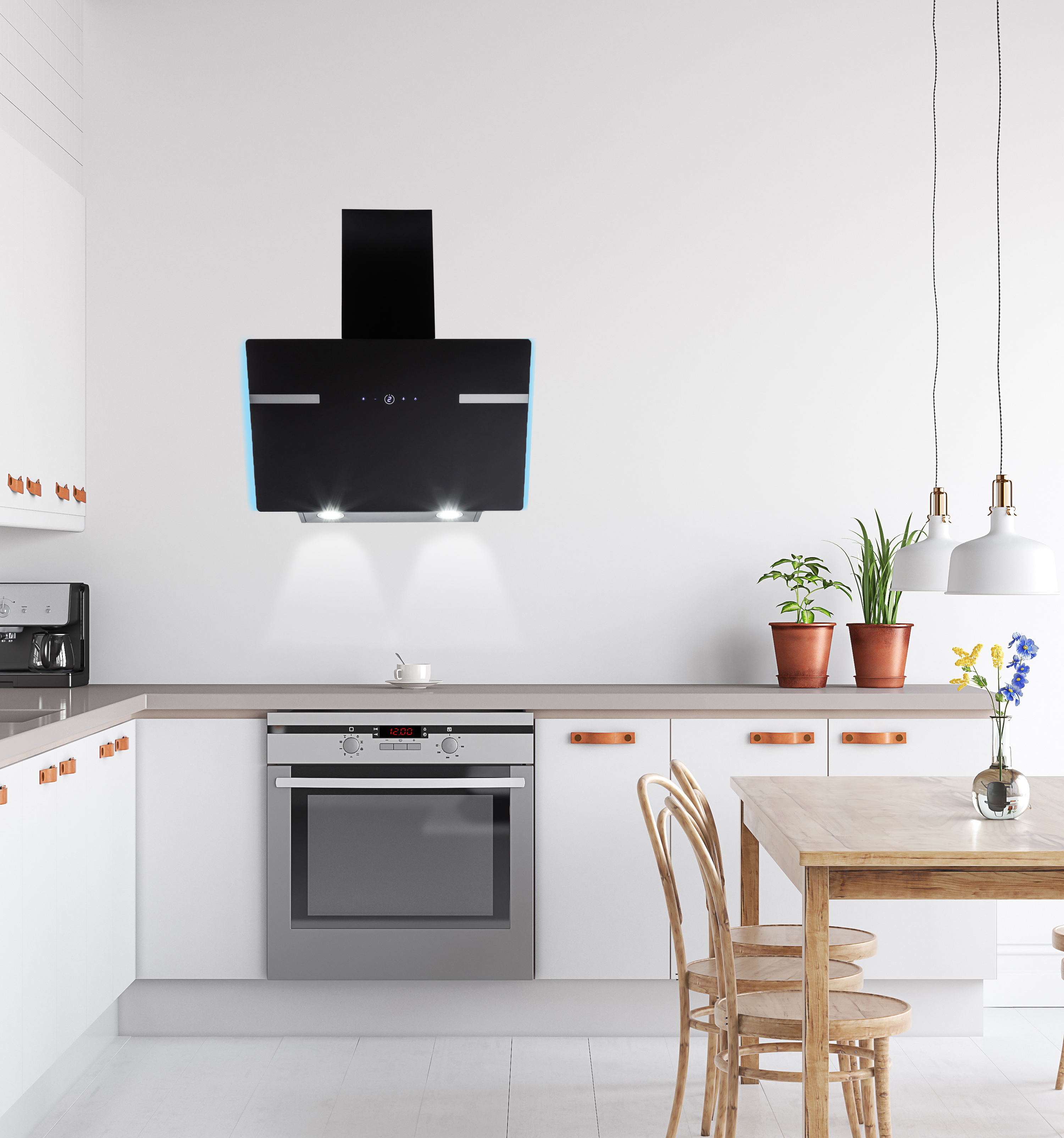 Moderne Küche mit schwarzer Dunstabzugshaube, weißen Schränken und Holztisch.