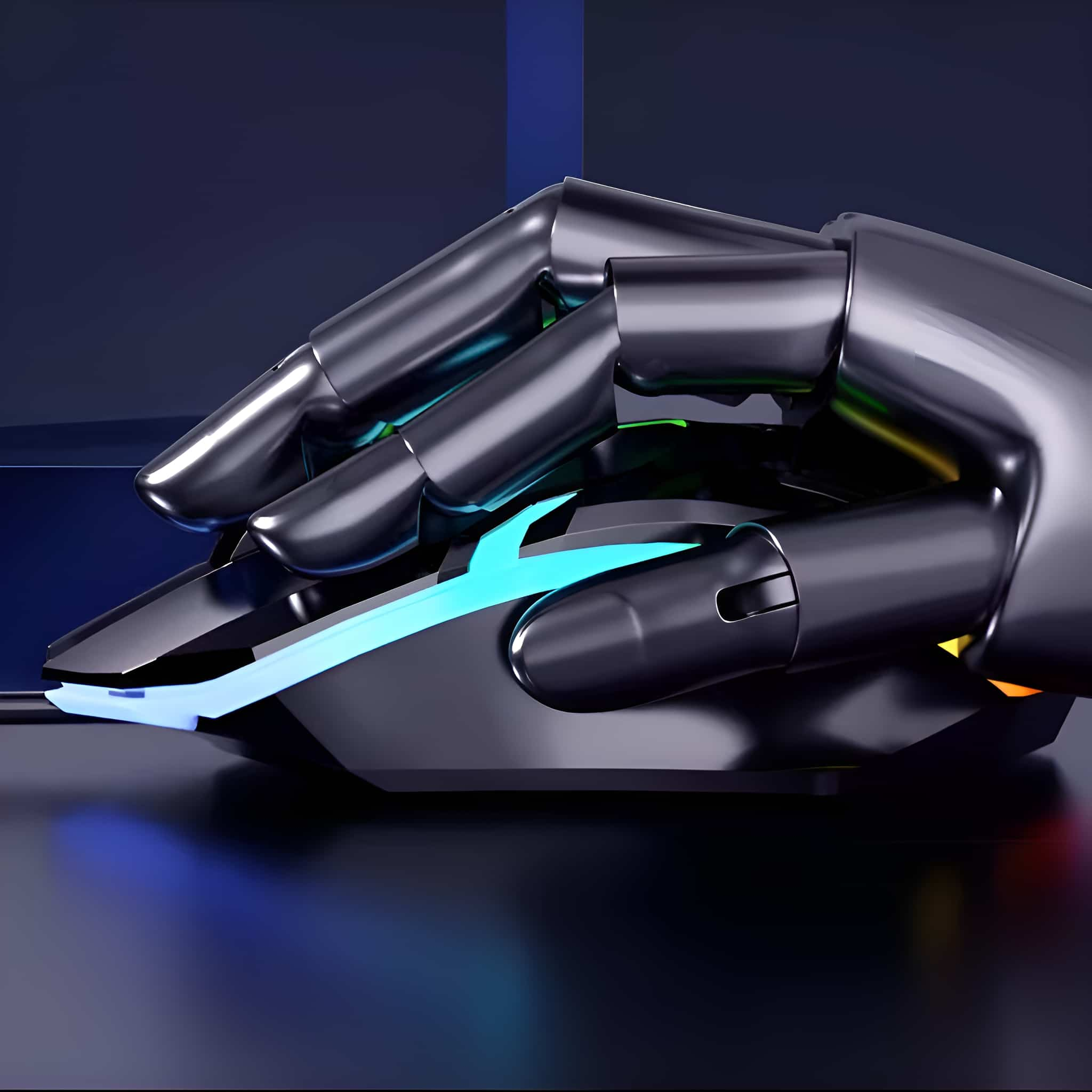 Roboterhand, die eine schwarze Gaming-Maus mit blauen und gelben Lichtern hält.