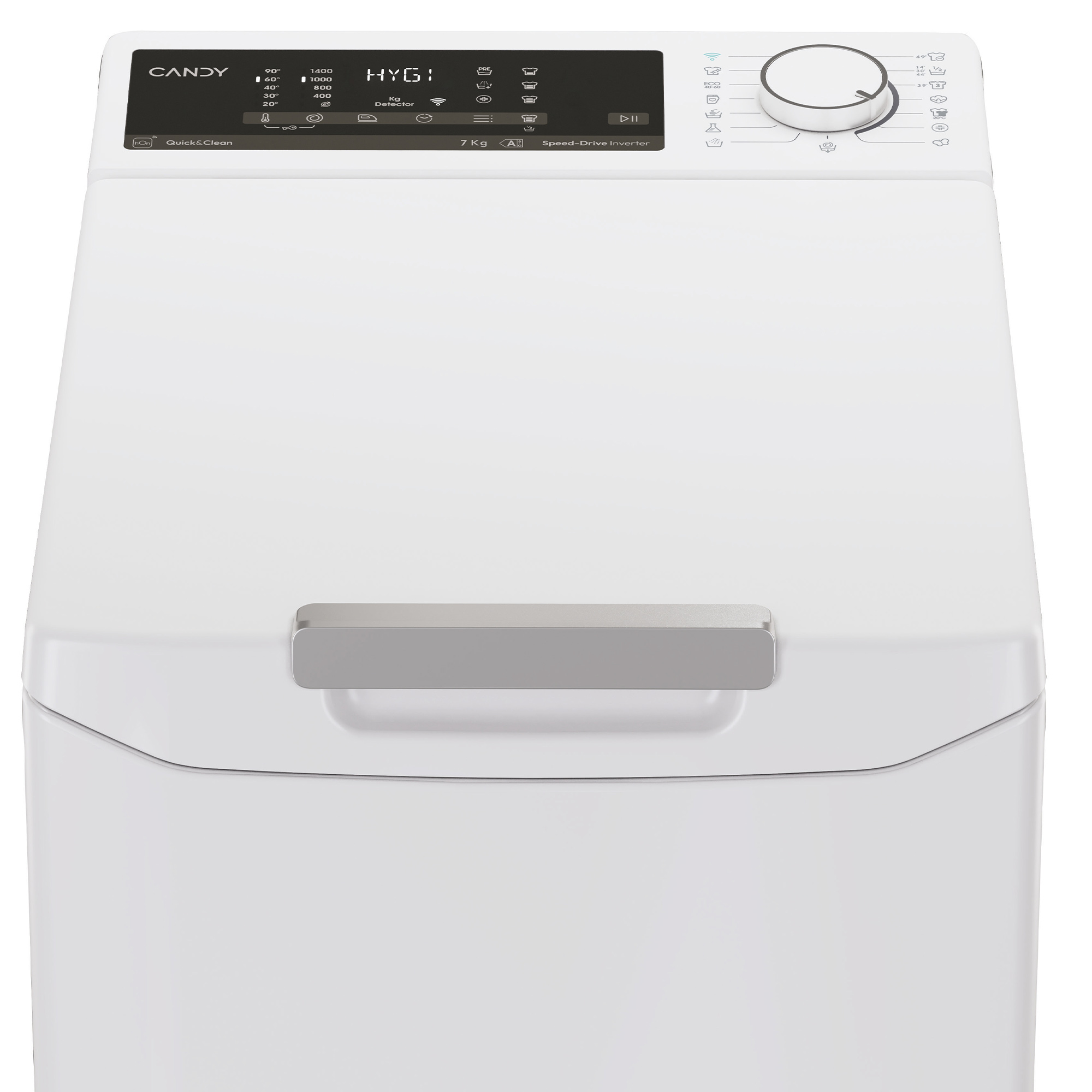 Biała pralka. Drzwi są zamknięte. Na górze znajduje się panel sterowania z przyciskami.