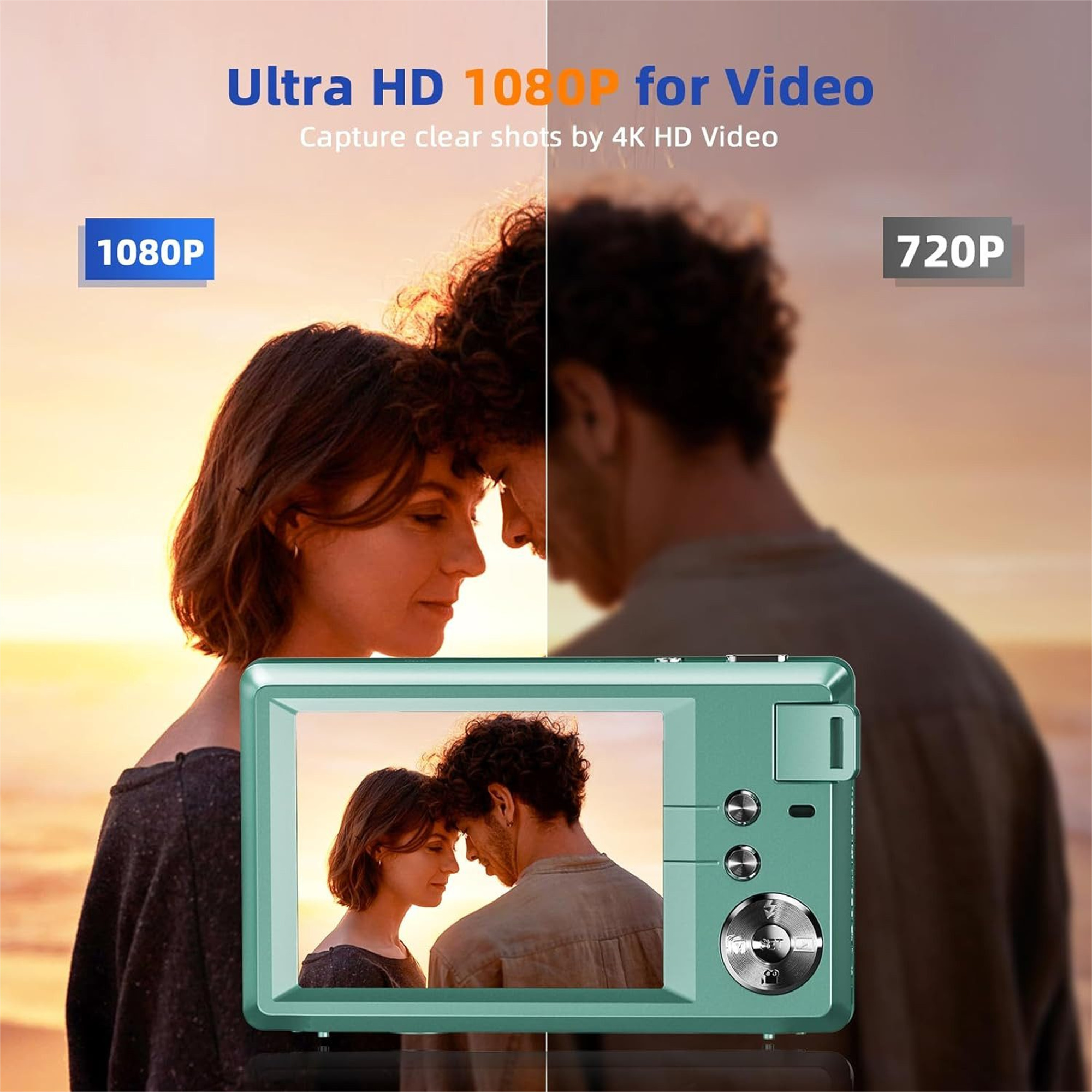 Bild mit einem Paar und einer grünen Kamera, die die 1080P-Auflösung zeigt.