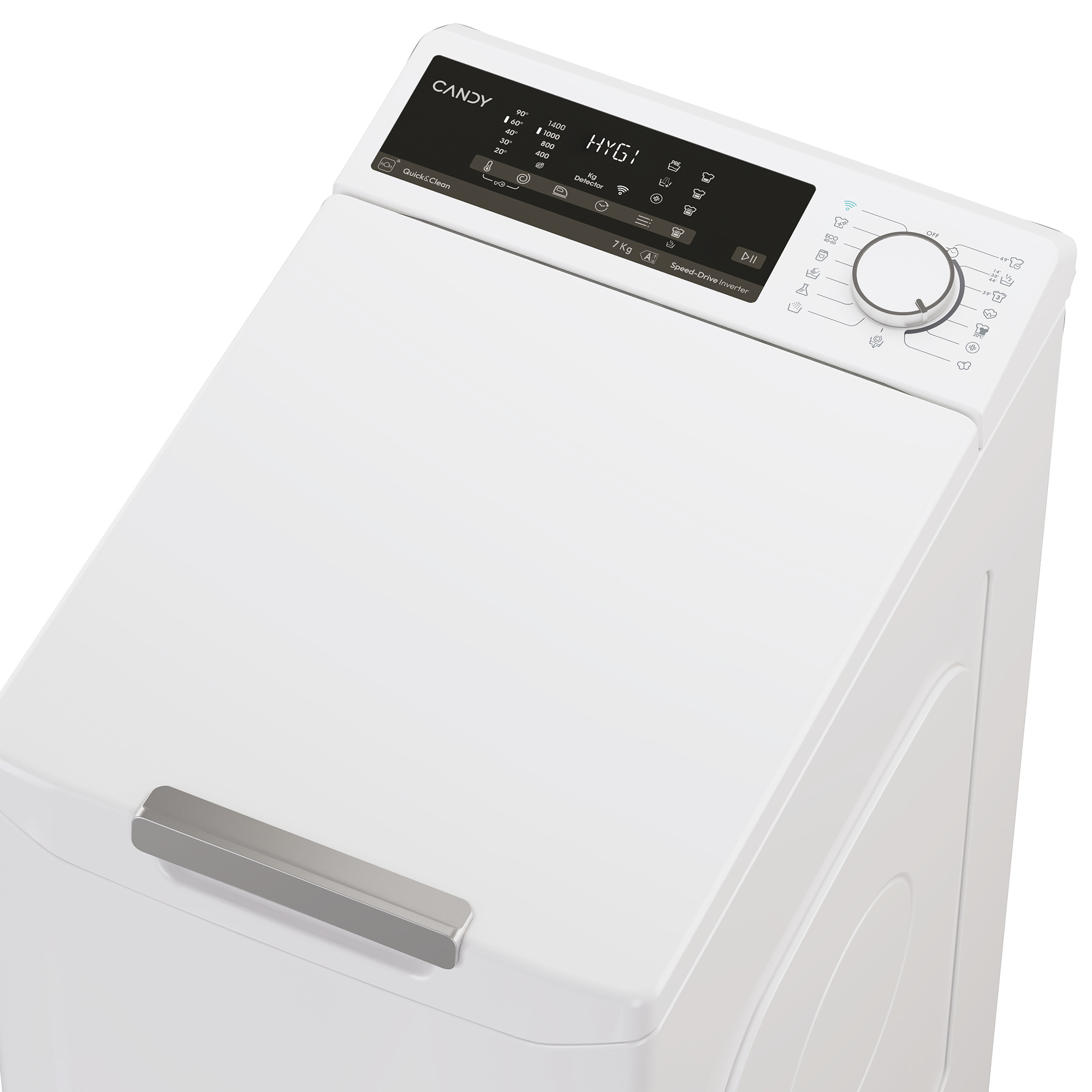 Biała pralka Candy z panelem sterowania, srebrnym uchwytem i widokiem z góry.