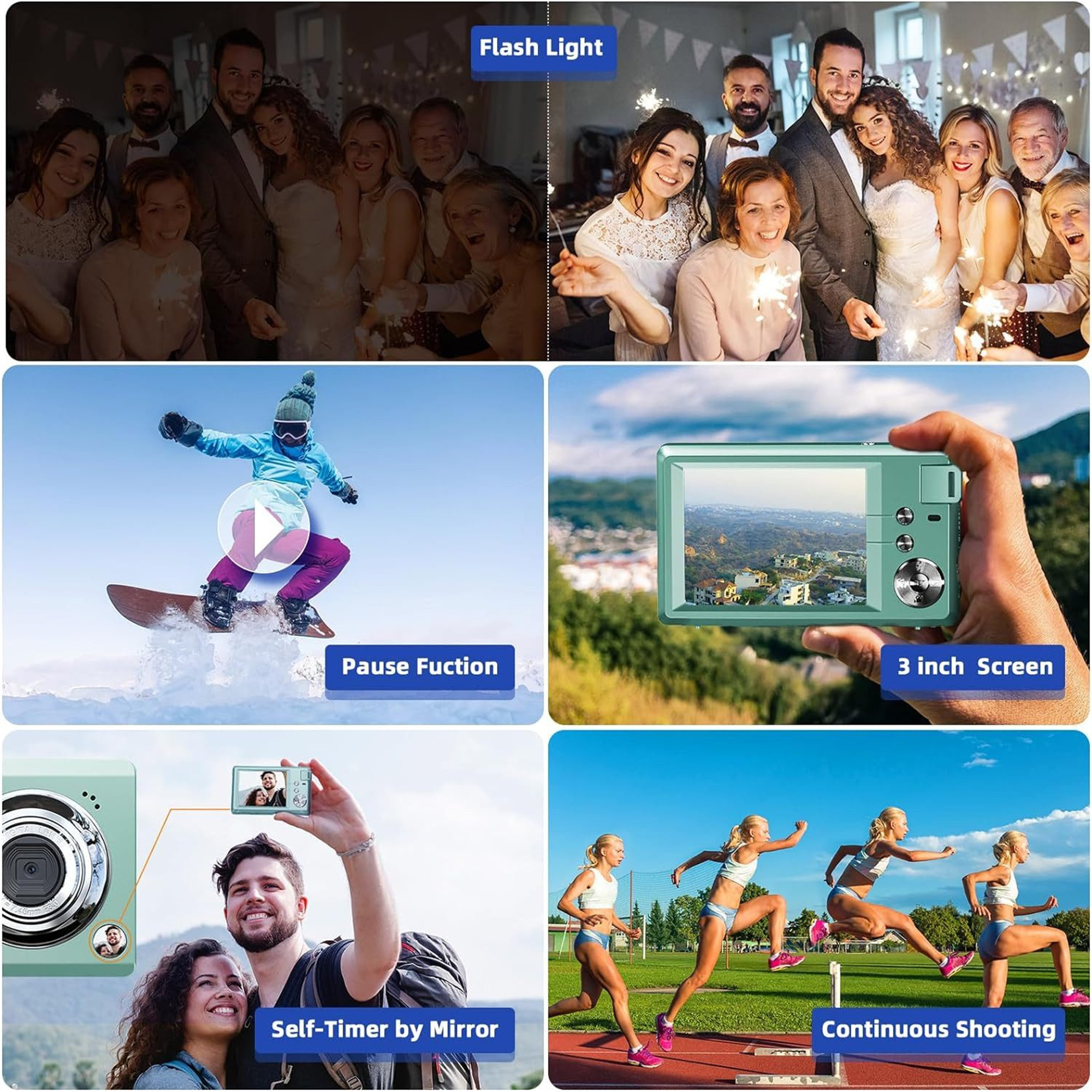 Mehrere Bilder zeigen Gruppen von Menschen, einen Snowboarder, eine Kamera und Frauen, die laufen, beschriftet.