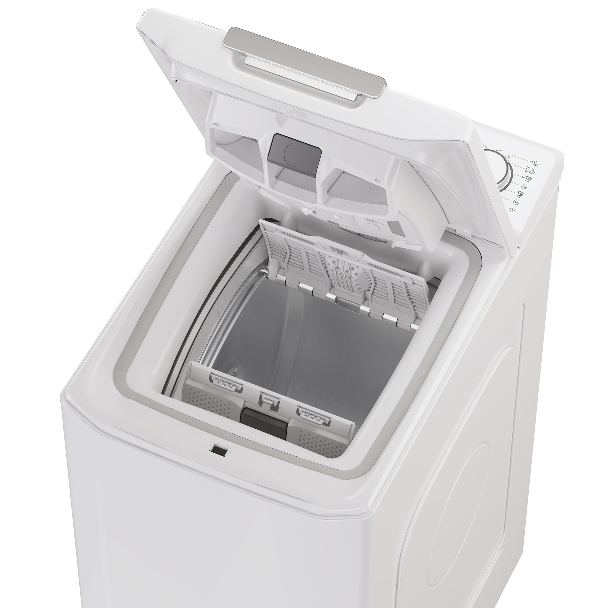 Biała pralka. Pokrywa jest otwarta, ukazując wnętrze. Pralka stoi na białej powierzchni.