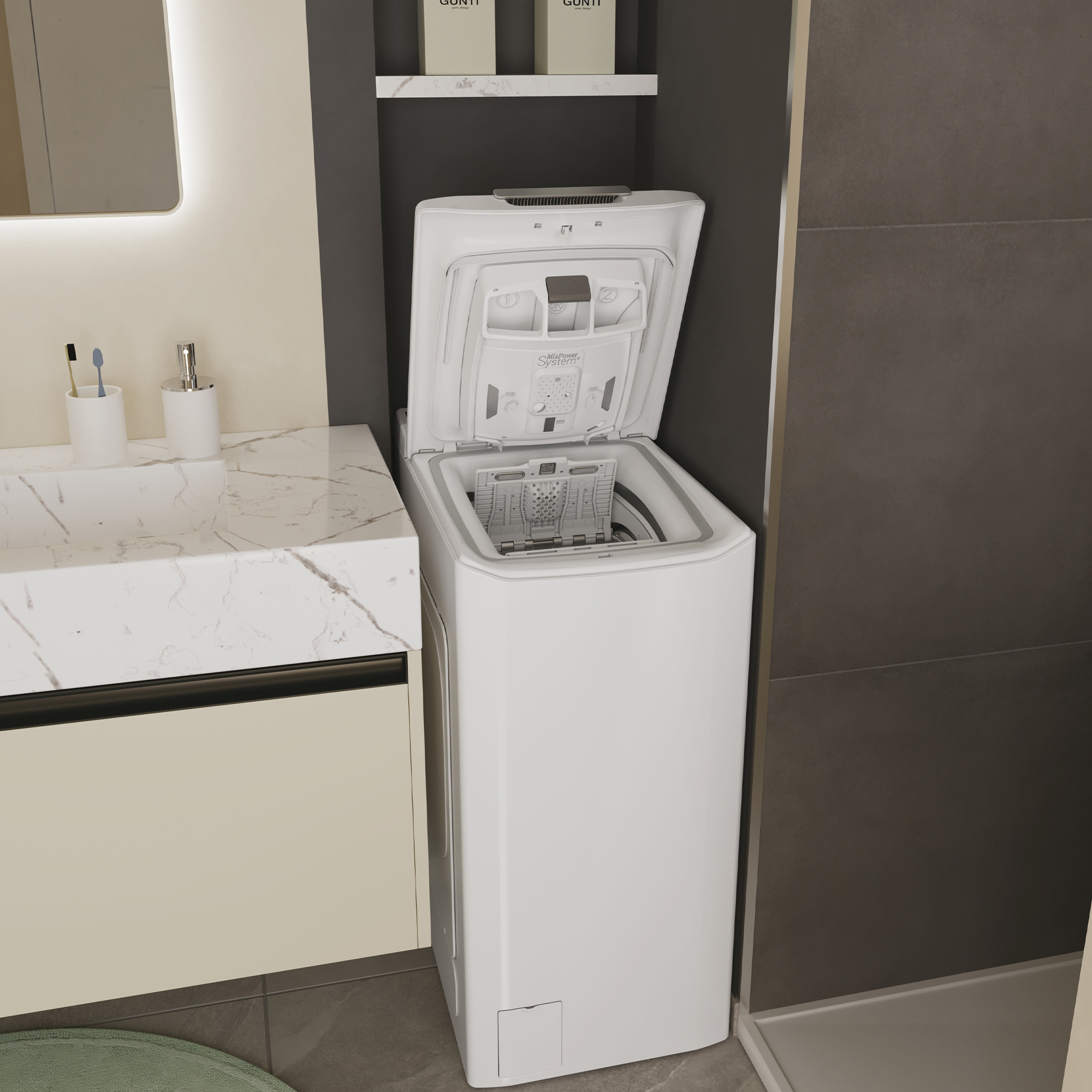 Biała pralka z otwartą pokrywą w łazience. Marmurowy blat i umywalka w tle.