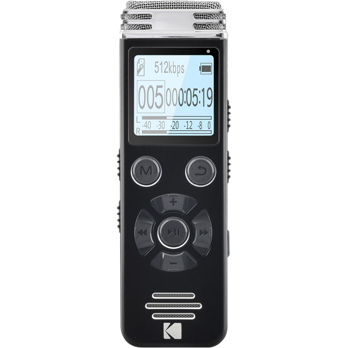 Schwarzer Audiorecorder mit Bildschirm, der Aufnahmezeit und Einstellungen anzeigt. Silbernes Oberteil. Knöpfe sichtbar.
