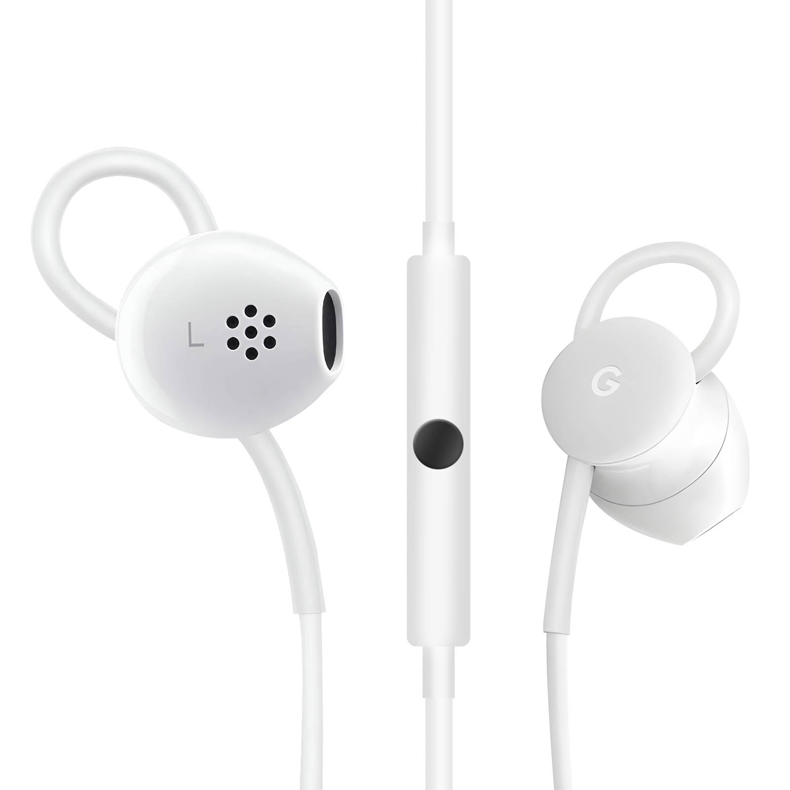 Weiße In-Ear-Kopfhörer mit Bedienelementen am Kabel. Der linke Ohrhörer hat eine L-Markierung.