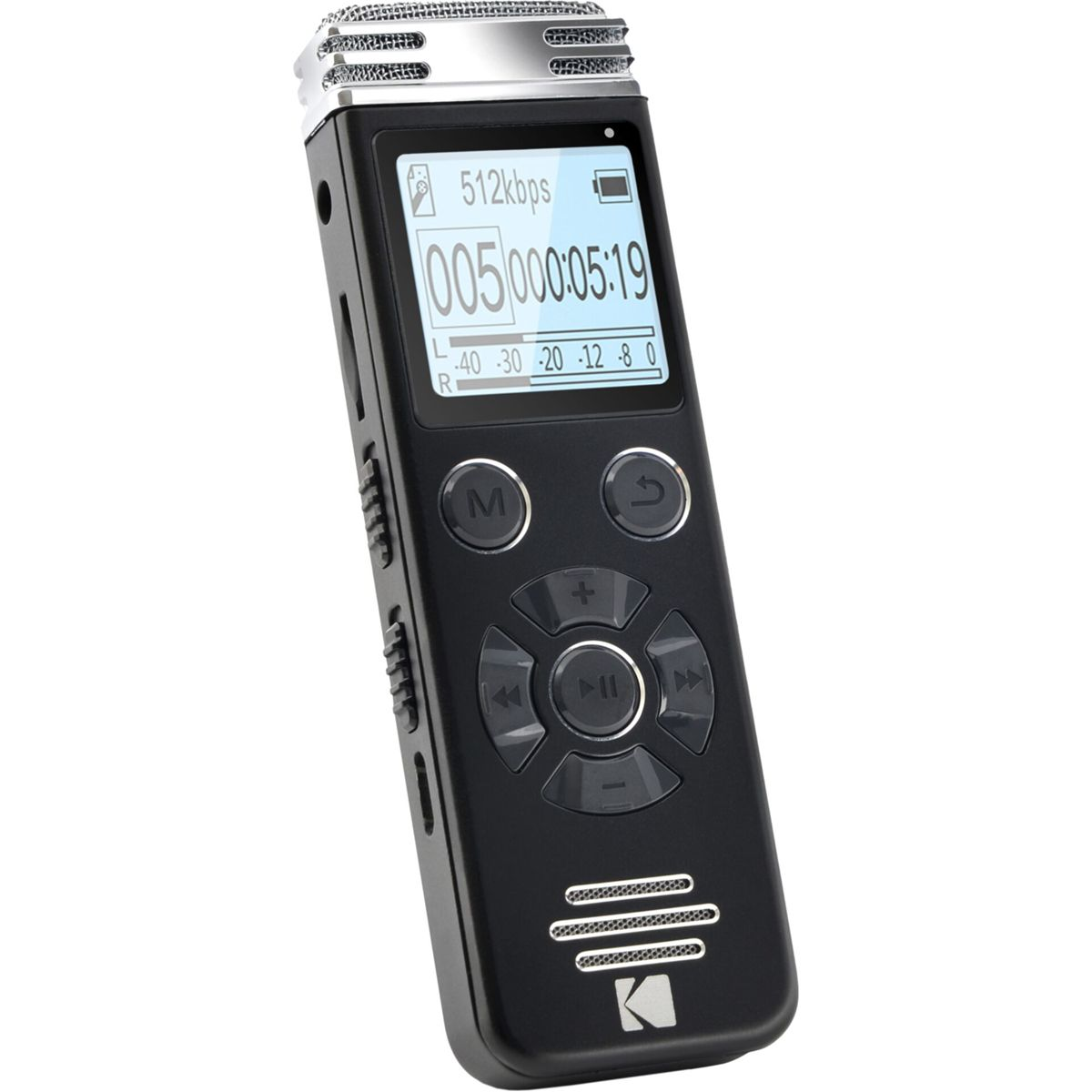 Schwarzes digitales Aufnahmegerät. Es hat einen kleinen Bildschirm, Tasten und ein Mikrofon.