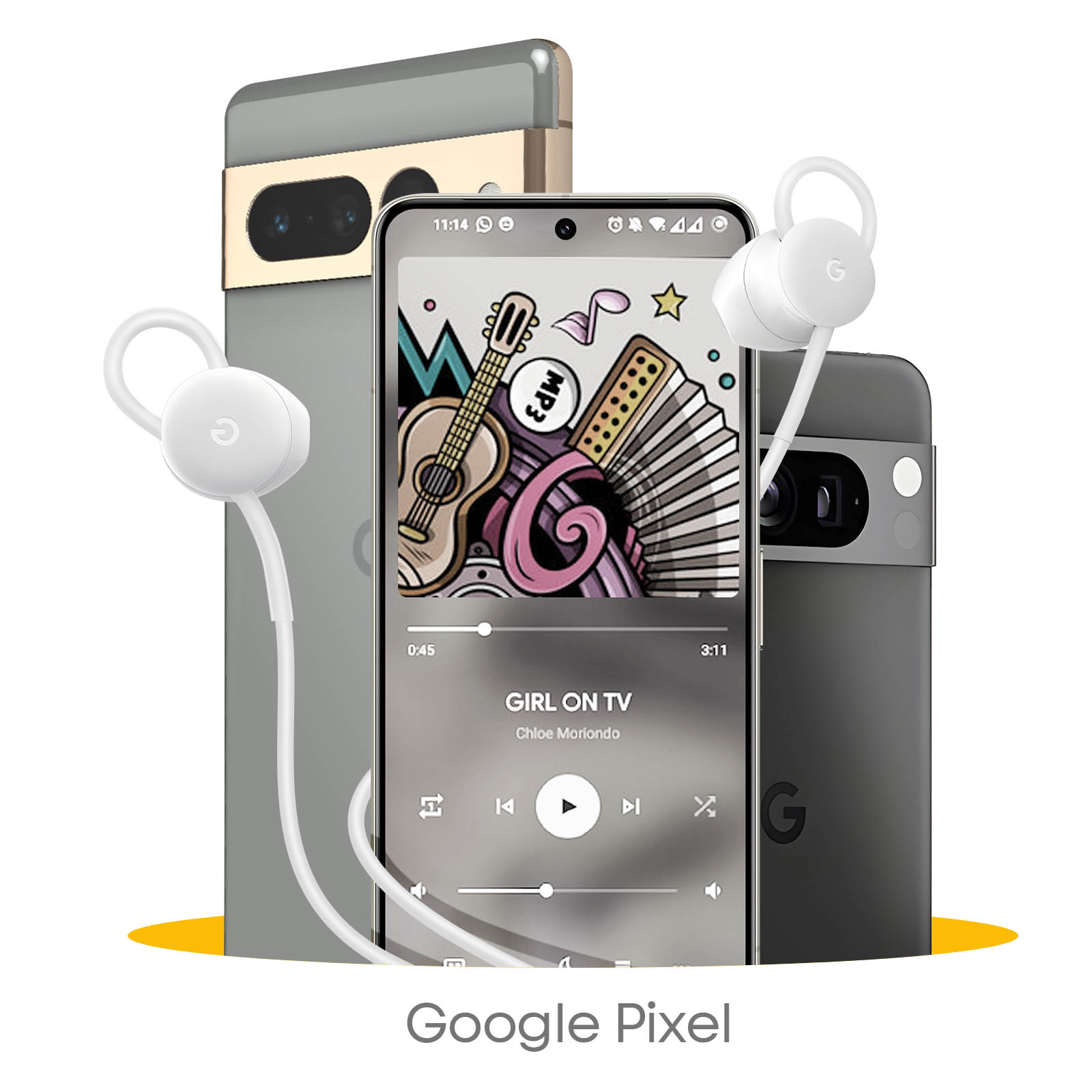 Telefone und Kopfhörer mit Bildschirm, der einen Musikplayer zeigt.