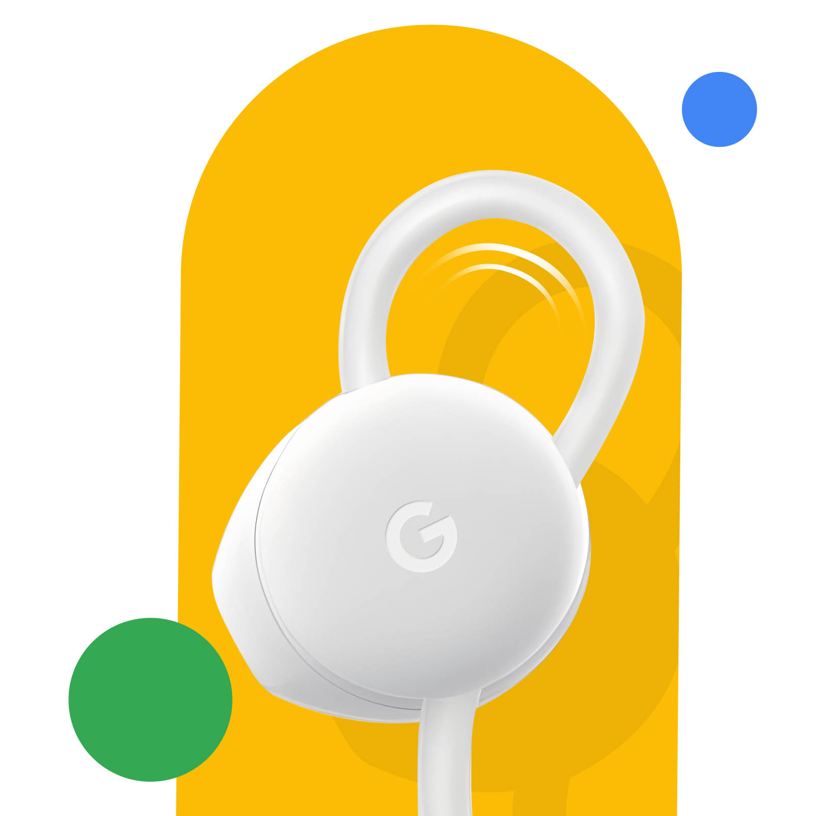 Weiße Google-Ohrhörer. Sie befinden sich auf einem gelben Hintergrund mit grünen und blauen Kreisen.