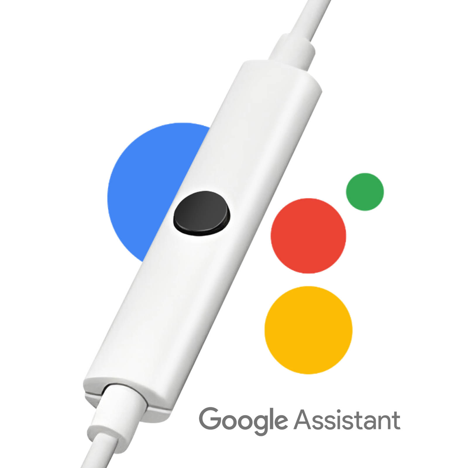 Eine weiße Google Assistant-Fernbedienung mit einer Taste und dem Google-Farben-Logo.